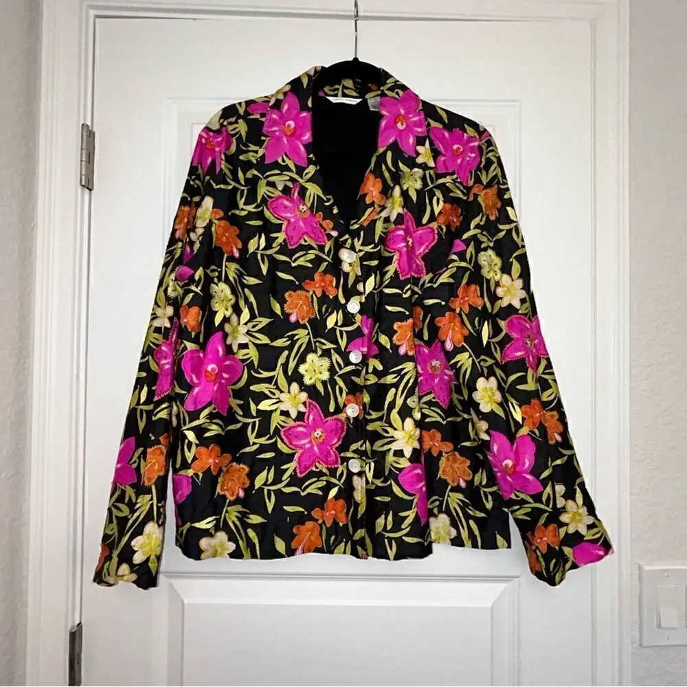 Laura Ashley Floral Print Embroidered Embellished Silk Blazer Jacket